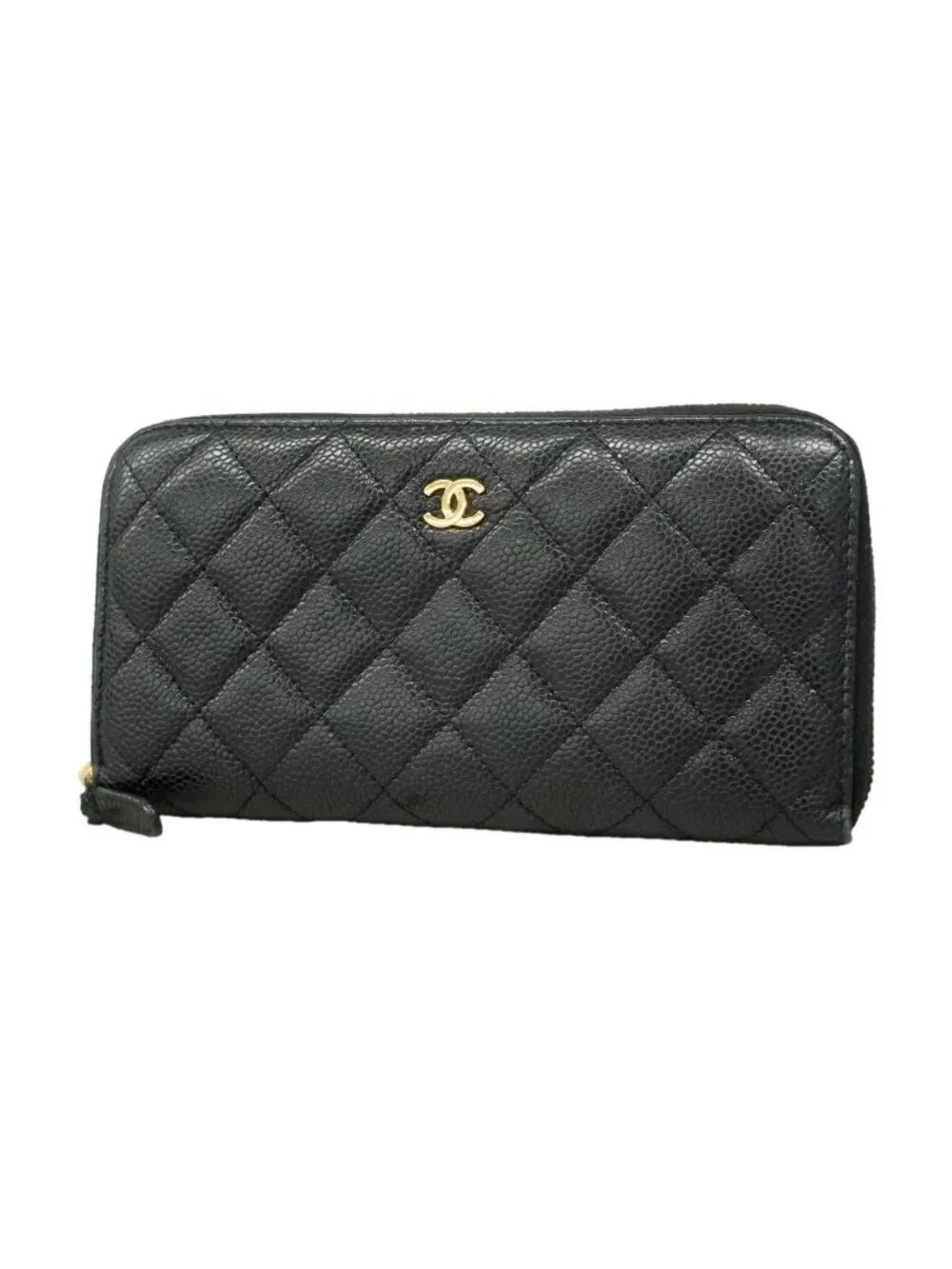 Chanel Wallet Quilted Caviar Leather Black Gold